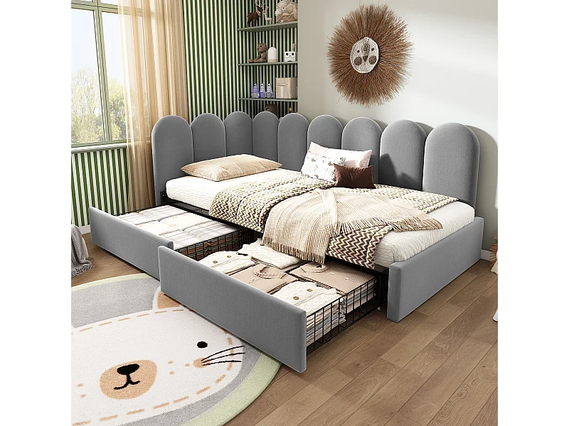 Gestoffeerd opbergbed voor kinderen - 90 x 190 cm - met 2 lades + lattenbodem - slaapbank - fluweel - grijs
