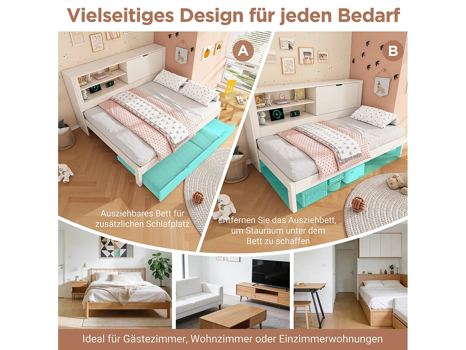 Canapé-lit 90 x 200 cm avec lit gigogne 90 x 190 cm - avec étagère + porte + panneau arrière de rangement + USB - bois - blanc