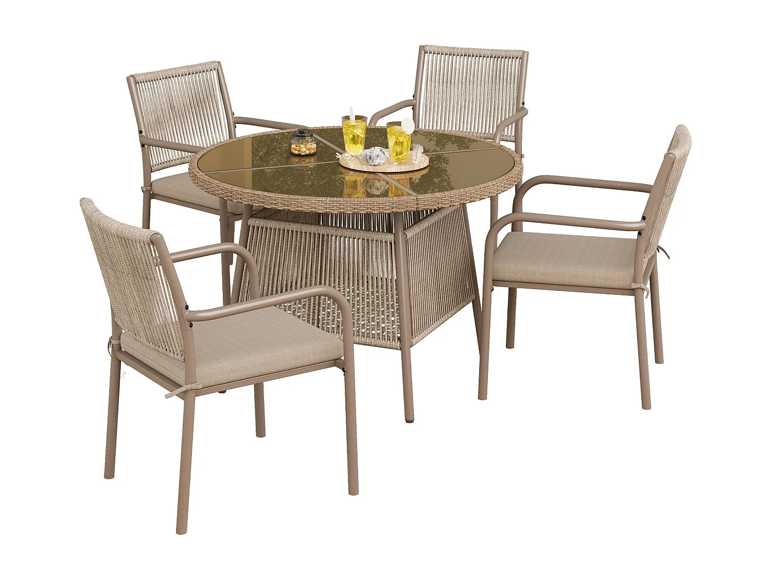 Ensemble de mobilier de jardin moderne en rotin - avec 1 table en verre + 4 fauteuils - métal - marron