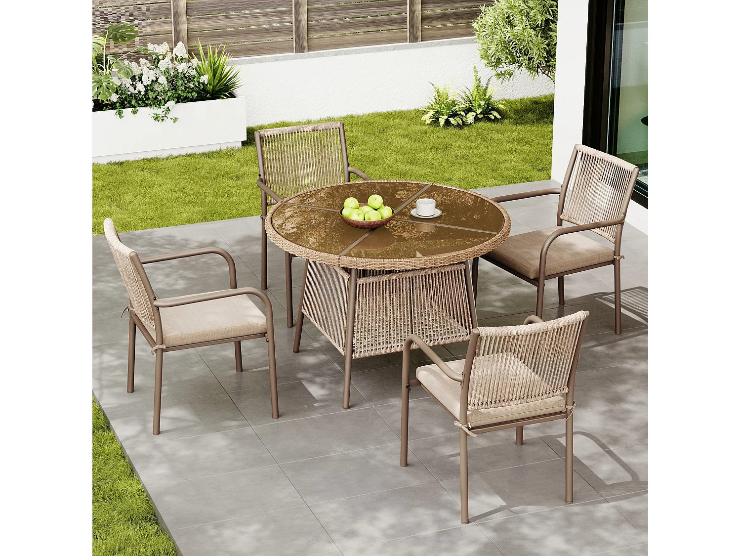 Ensemble de mobilier de jardin moderne en rotin - avec 1 table en verre + 4 fauteuils - métal - marron
