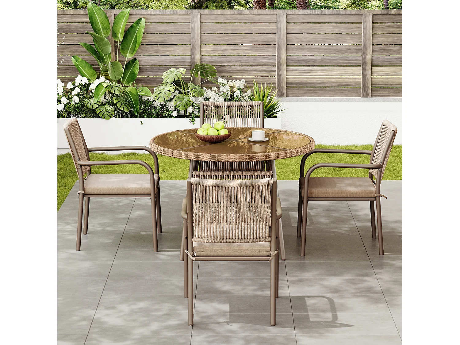 Ensemble de mobilier de jardin moderne en rotin - avec 1 table en verre + 4 fauteuils - métal - marron