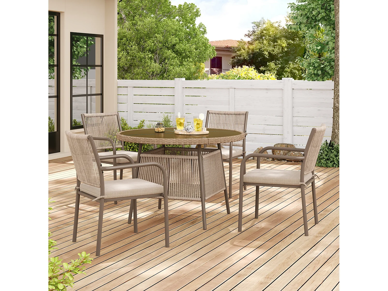 Ensemble de mobilier de jardin moderne en rotin - avec 1 table en verre + 4 fauteuils - métal - marron