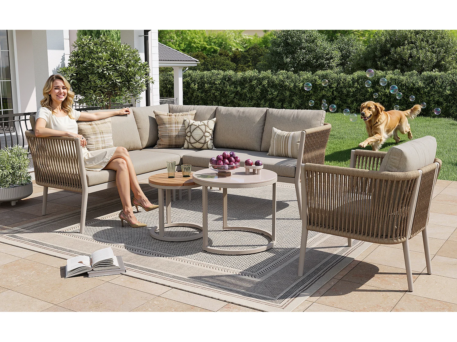 Ensemble salon de jardin pour 5 à 6 personnes - 6 pièces en rotin PE avec banc et coussins - canapé d'angle modulable - métal - beige