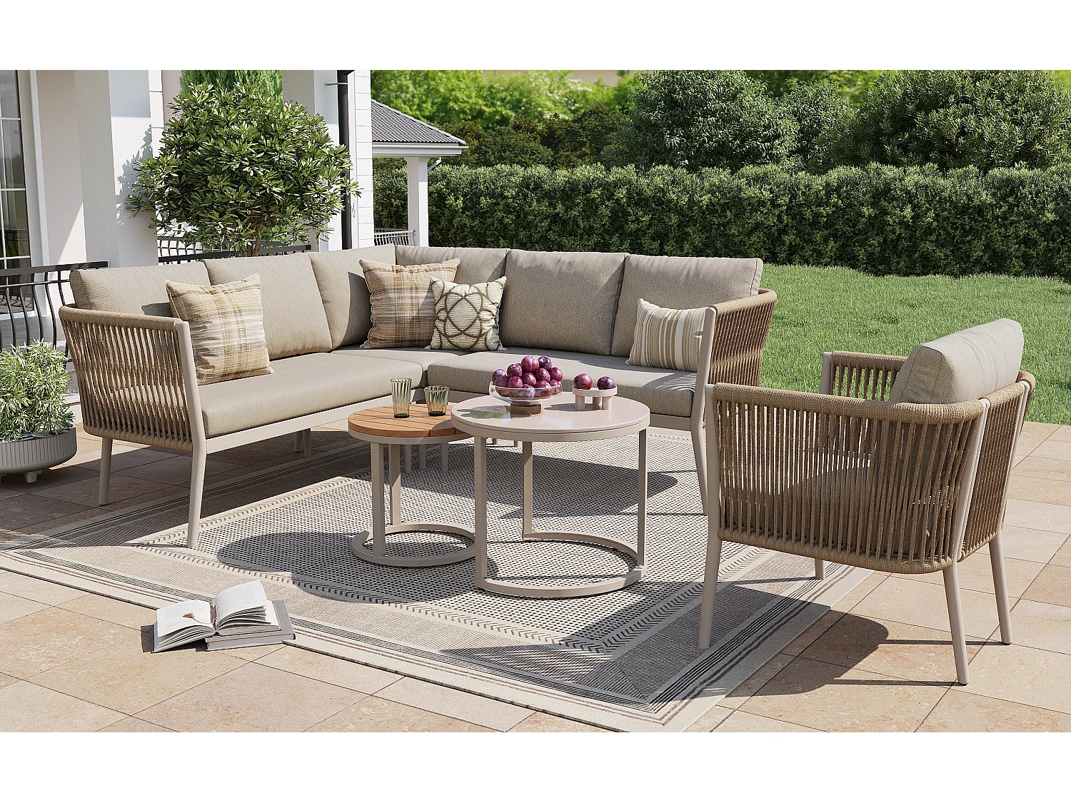 Ensemble salon de jardin pour 5 à 6 personnes - 6 pièces en rotin PE avec banc et coussins - canapé d'angle modulable - métal - beige