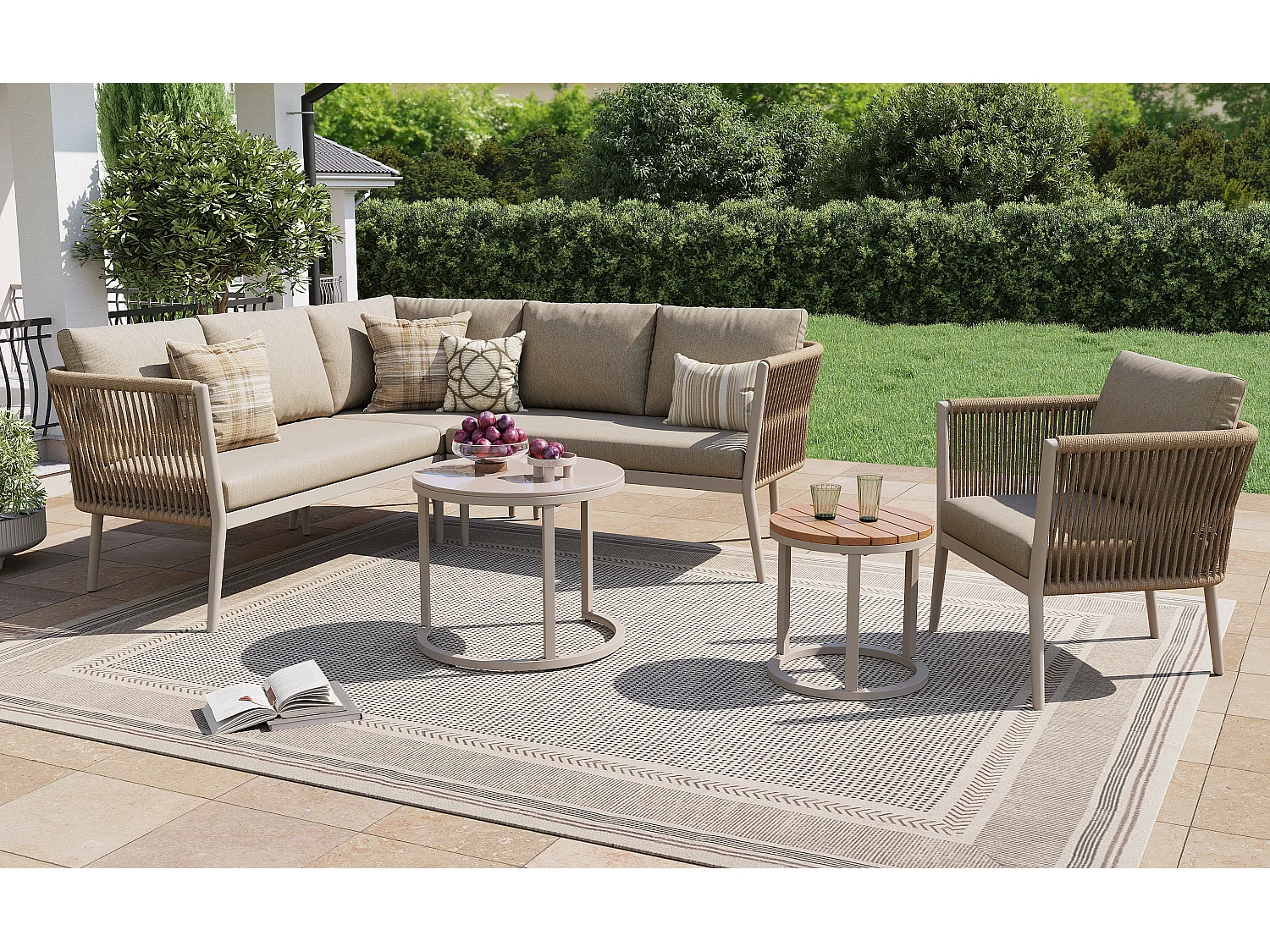 Ensemble salon de jardin pour 5 à 6 personnes - 6 pièces en rotin PE avec banc et coussins - canapé d'angle modulable - métal - beige