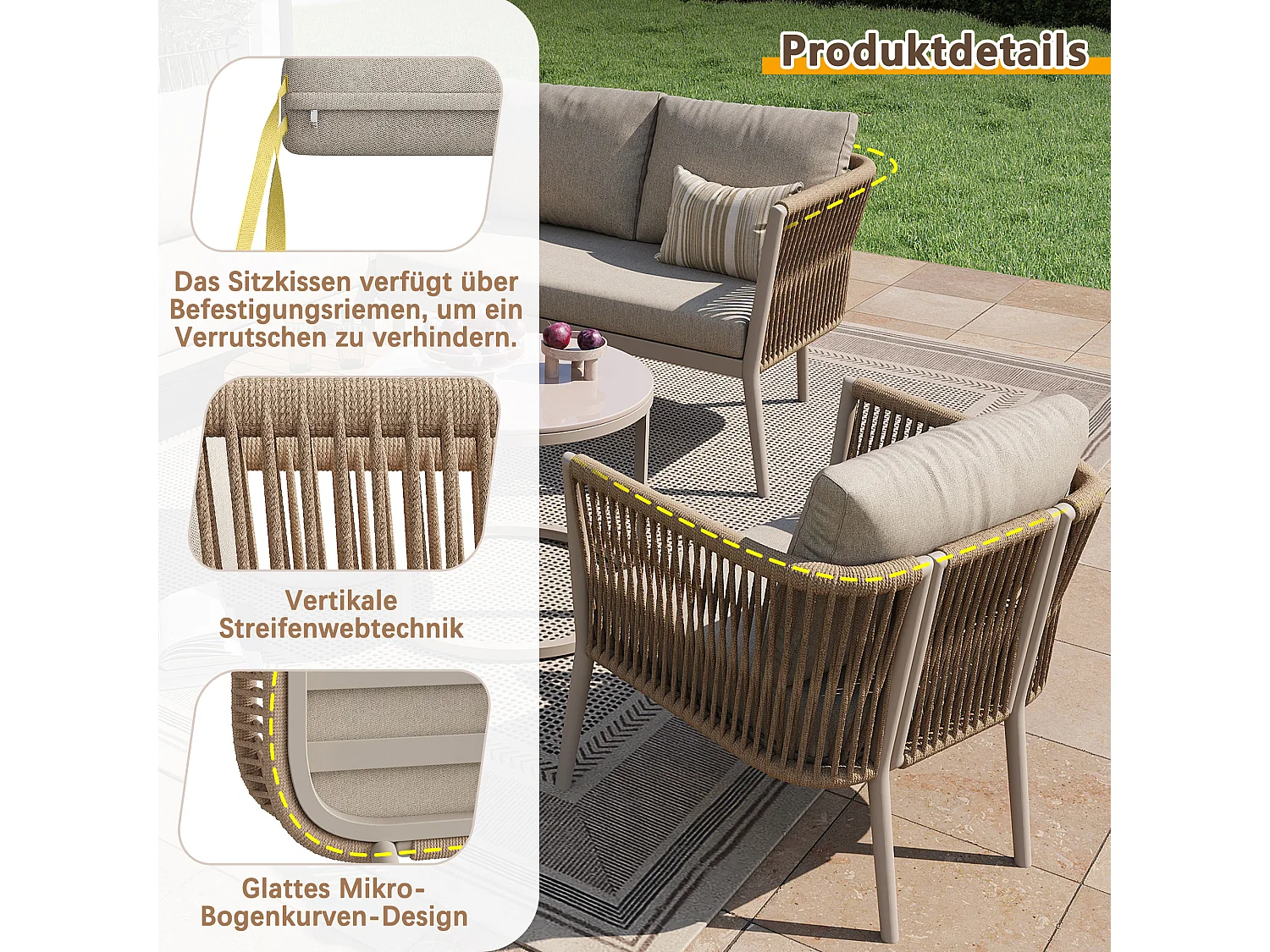 Ensemble salon de jardin pour 5 à 6 personnes - 6 pièces en rotin PE avec banc et coussins - canapé d'angle modulable - métal - beige