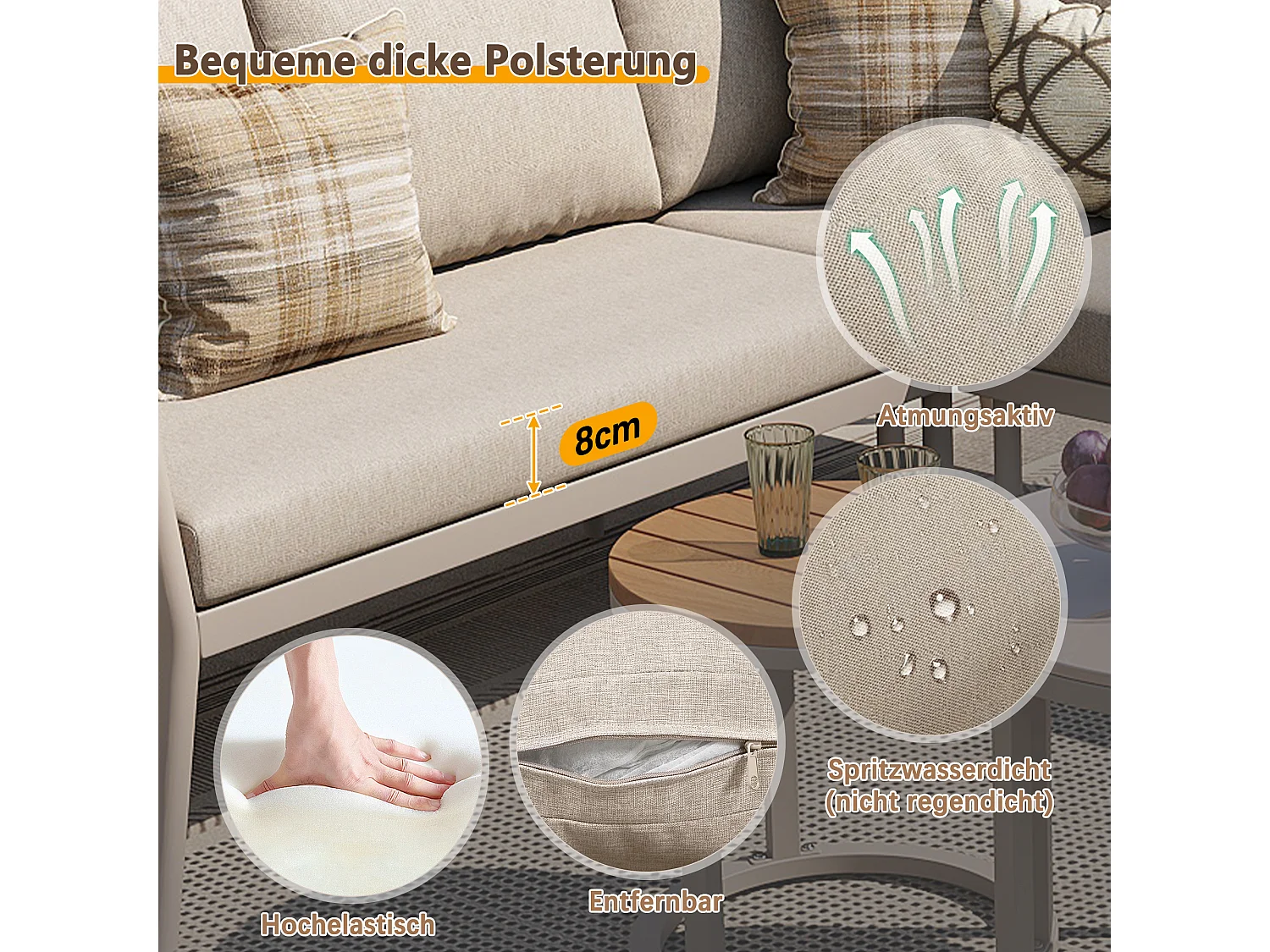 Ensemble salon de jardin pour 5 à 6 personnes - 6 pièces en rotin PE avec banc et coussins - canapé d'angle modulable - métal - beige