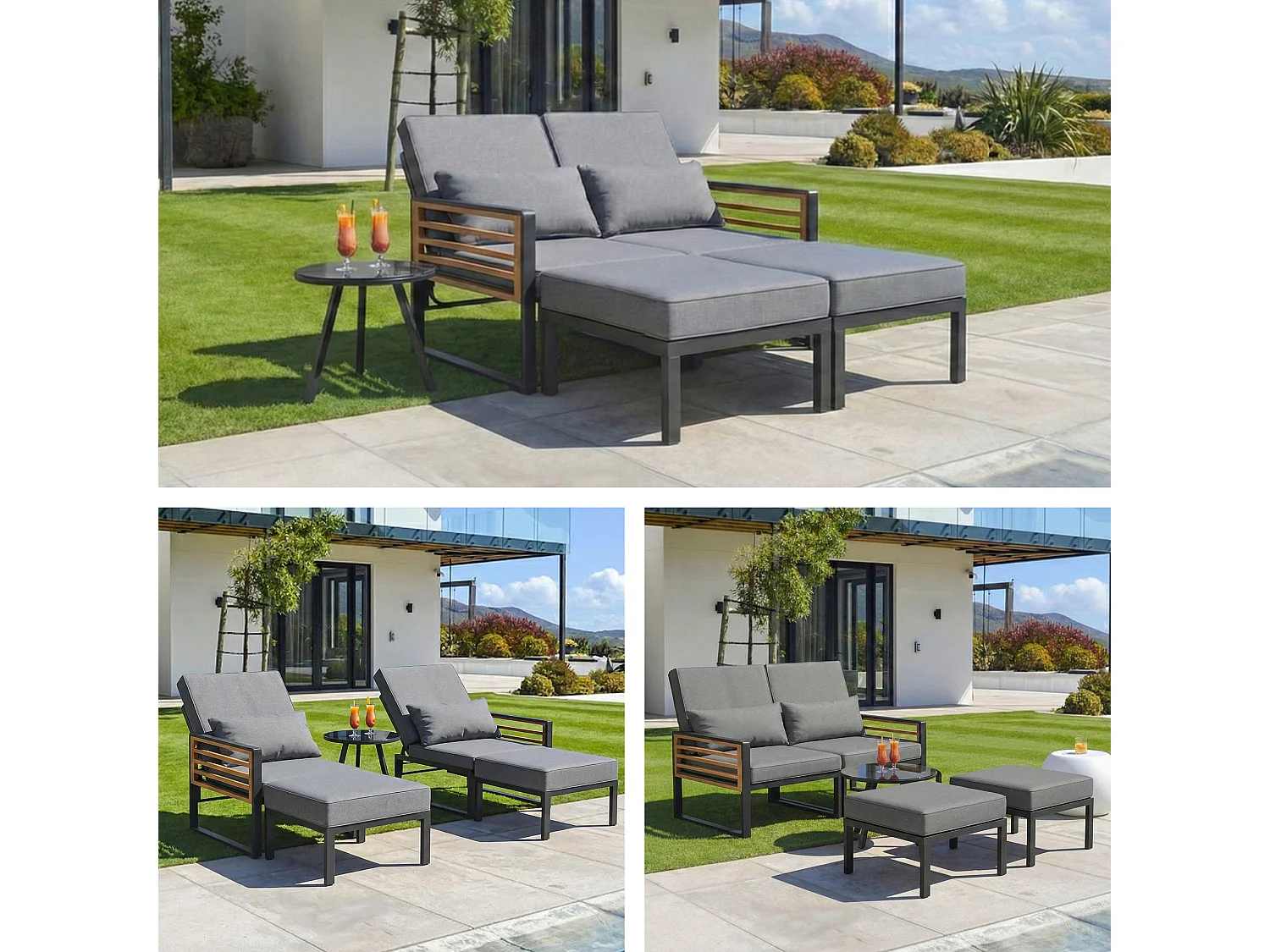 2-Sitzer-Gartenliege – Sofa mit verstellbarer Rückenlehne + Rücken- und Sitzkissen – Metall – grau