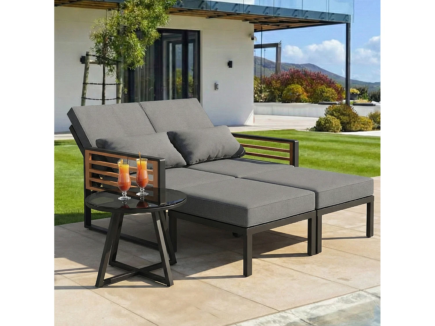 2-Sitzer-Gartenliege – Sofa mit verstellbarer Rückenlehne + Rücken- und Sitzkissen – Metall – grau