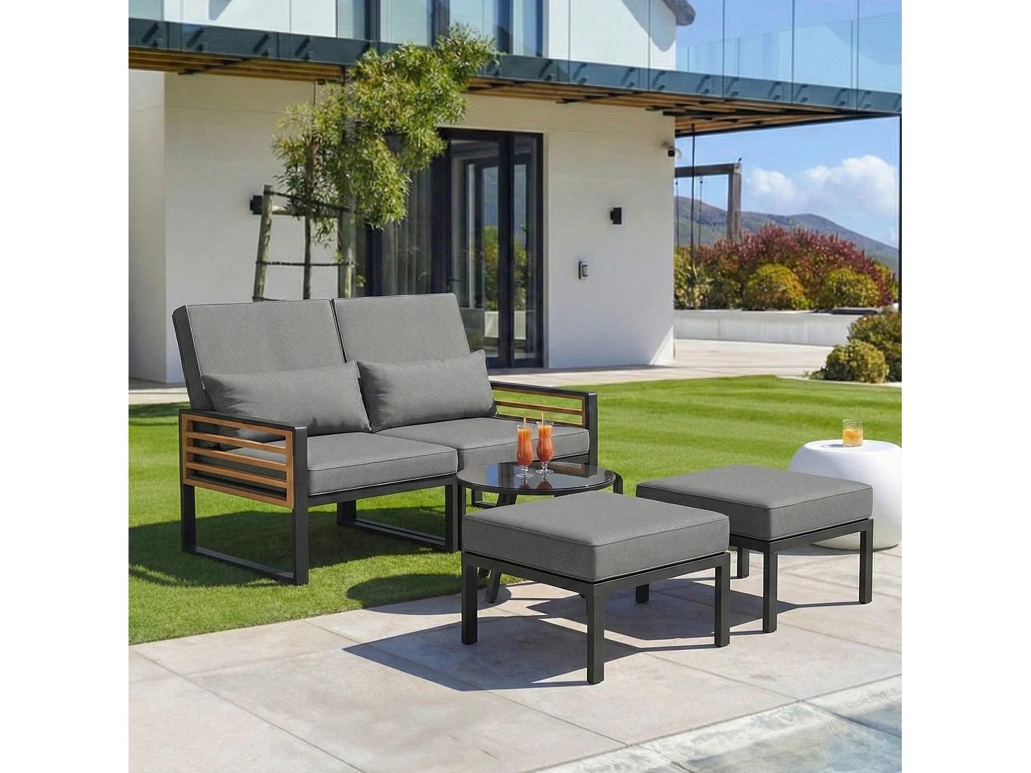 2-Sitzer-Gartenliege – Sofa mit verstellbarer Rückenlehne + Rücken- und Sitzkissen – Metall – grau