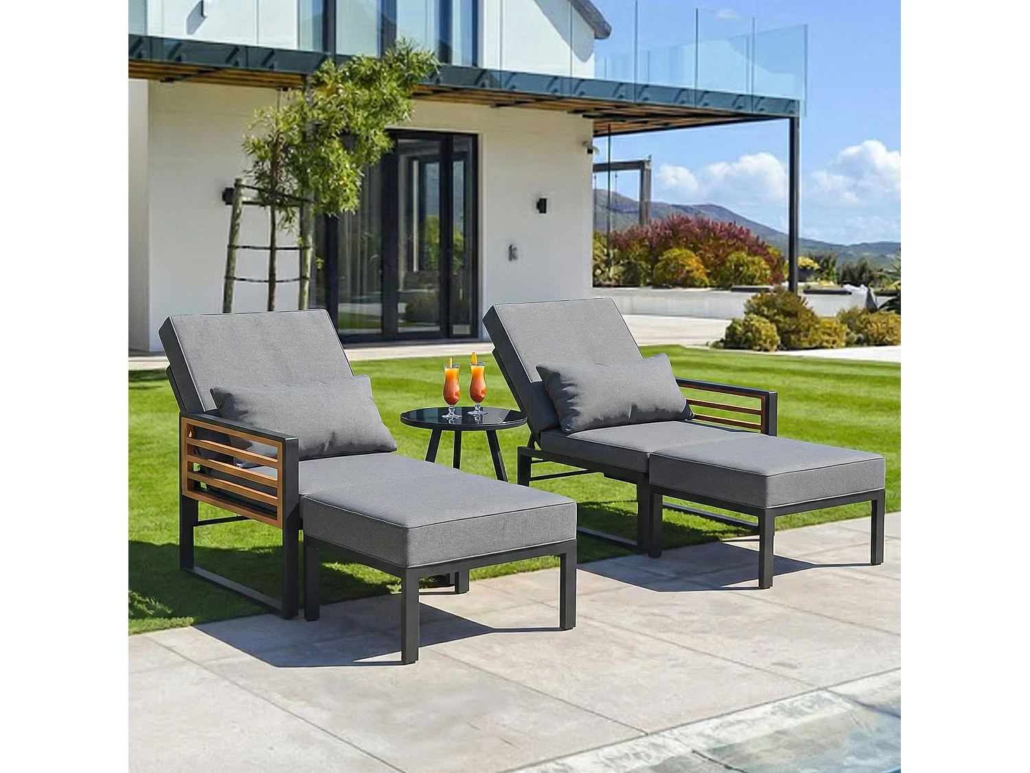 2-Sitzer-Gartenliege – Sofa mit verstellbarer Rückenlehne + Rücken- und Sitzkissen – Metall – grau