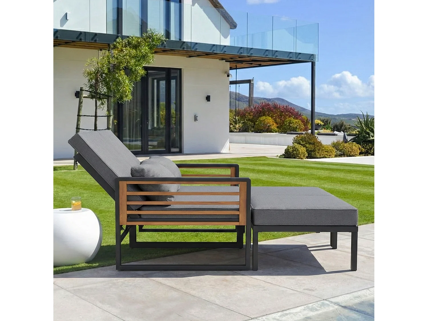 2-Sitzer-Gartenliege – Sofa mit verstellbarer Rückenlehne + Rücken- und Sitzkissen – Metall – grau