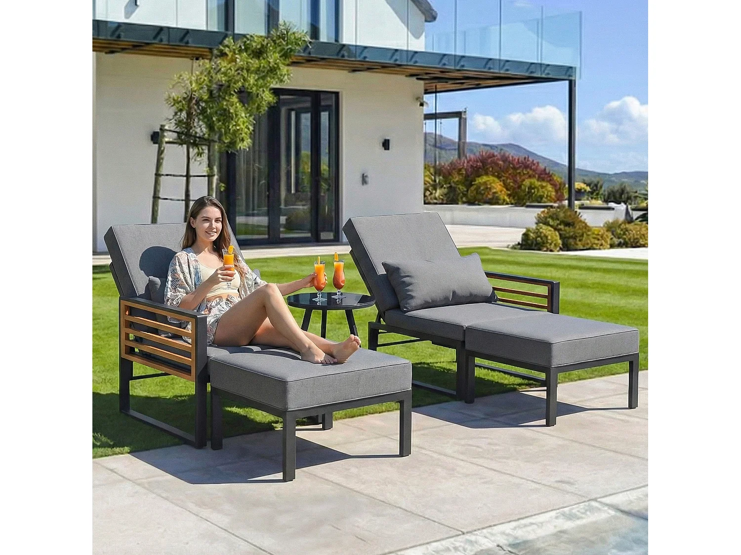 2-Sitzer-Gartenliege – Sofa mit verstellbarer Rückenlehne + Rücken- und Sitzkissen – Metall – grau