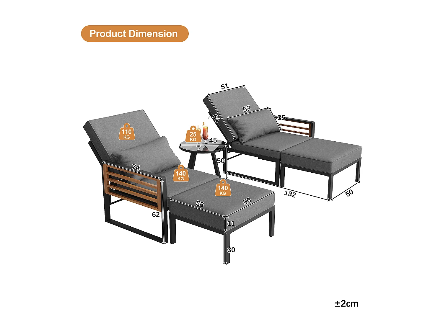 2-Sitzer-Gartenliege – Sofa mit verstellbarer Rückenlehne + Rücken- und Sitzkissen – Metall – grau