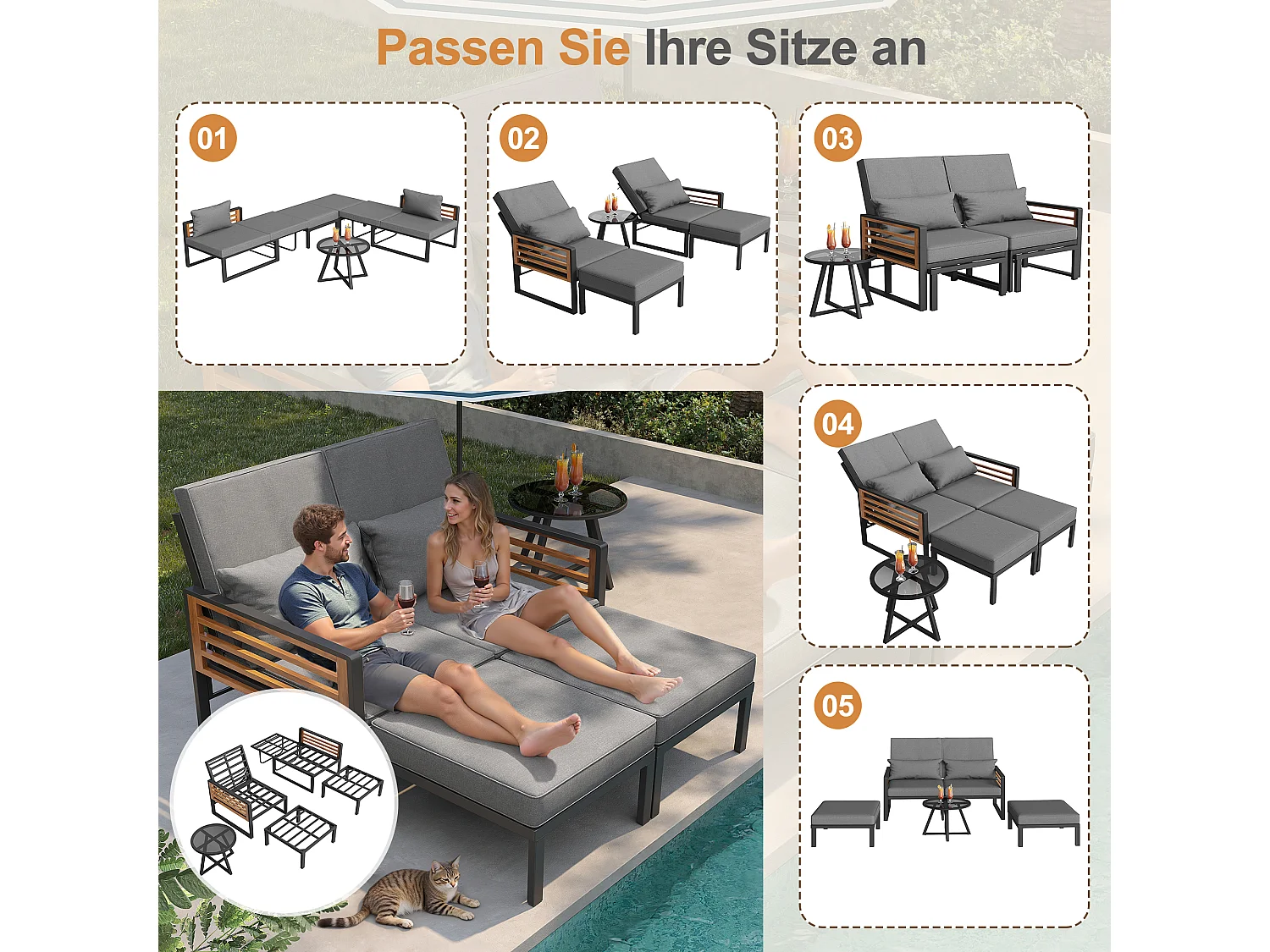 2-Sitzer-Gartenliege – Sofa mit verstellbarer Rückenlehne + Rücken- und Sitzkissen – Metall – grau