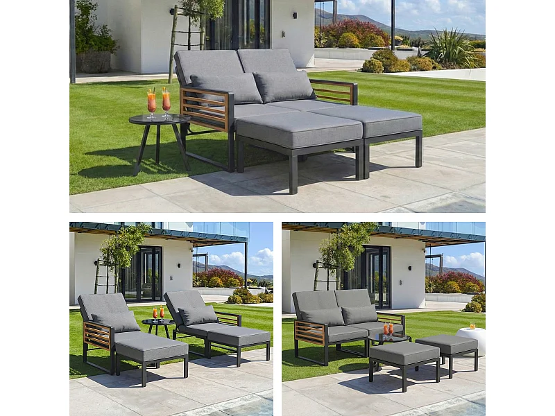 2-Sitzer-Gartenliege – Sofa mit verstellbarer Rückenlehne + Rücken- und Sitzkissen – Metall – grau