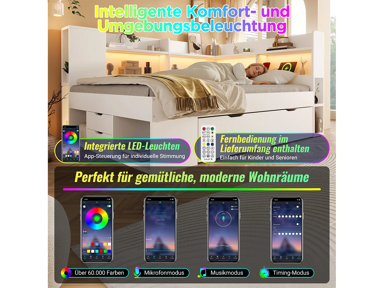 Lit coffre pour enfant - 140 x 200 cm - avec Leds + USB + étagères + tiroirs de rangement - bois - blanc