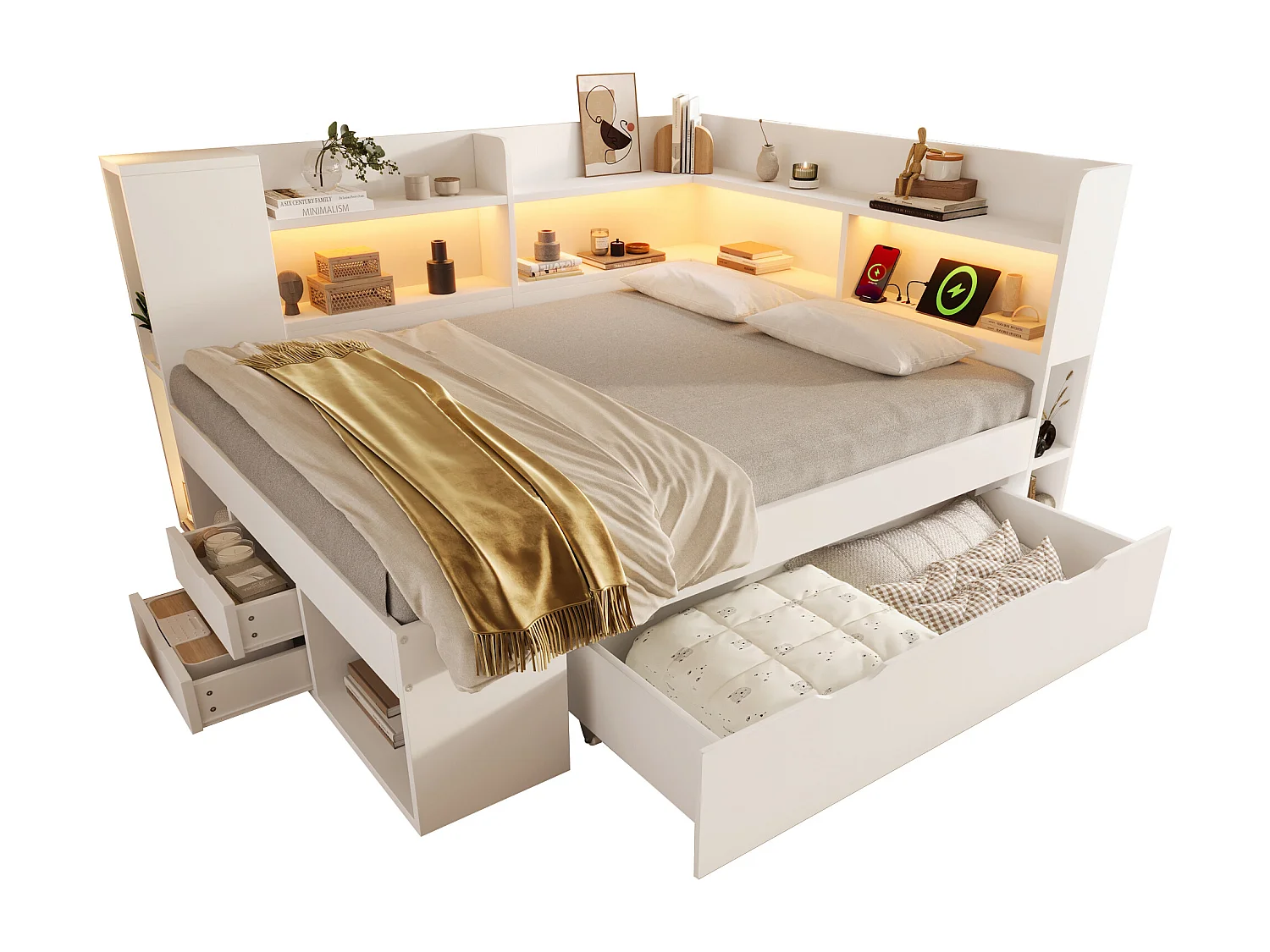 Lit coffre pour enfant - 140 x 200 cm - avec Leds + USB + étagères + tiroirs de rangement - bois - blanc