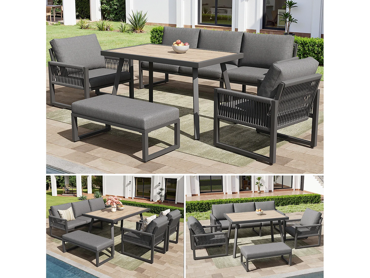 Ensemble de mobilier de jardin 6-7 places - ensemble canapé de jardin avec table + coussins d'assise et de dossier - métal - gris