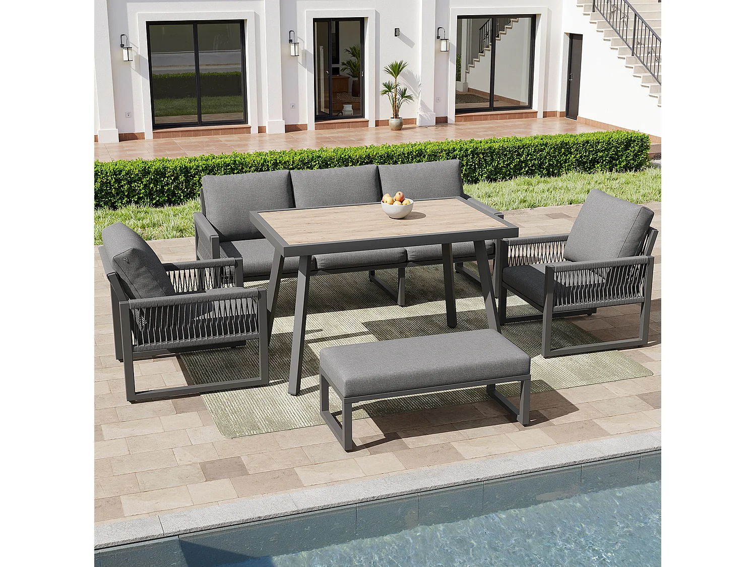 Ensemble de mobilier de jardin 6-7 places - ensemble canapé de jardin avec table + coussins d'assise et de dossier - métal - gris