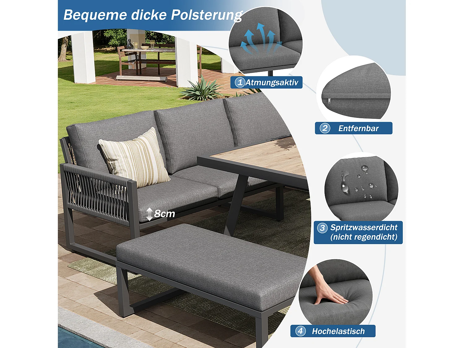 Ensemble de mobilier de jardin 6-7 places - ensemble canapé de jardin avec table + coussins d'assise et de dossier - métal - gris