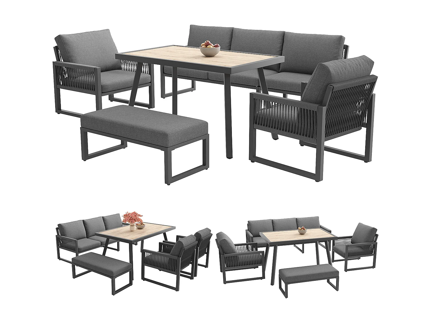 Ensemble de mobilier de jardin 6-7 places - ensemble canapé de jardin avec table + coussins d'assise et de dossier - métal - gris