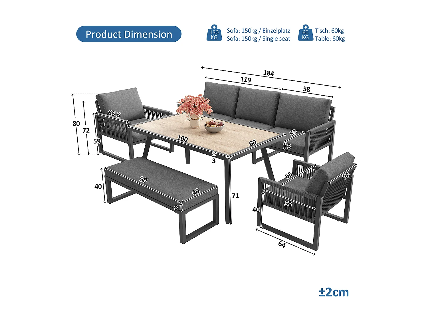 6-7-sits trädgårdsmöbelset - trädgårdssoffgrupp med bord + sitt- och ryggdynor - metall - grå