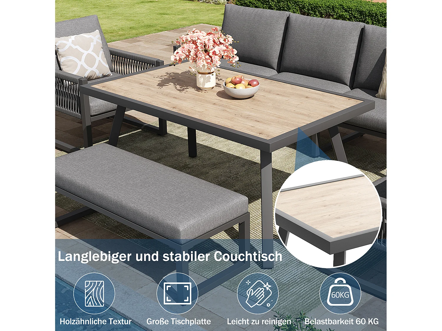 6-7-sits trädgårdsmöbelset - trädgårdssoffgrupp med bord + sitt- och ryggdynor - metall - grå