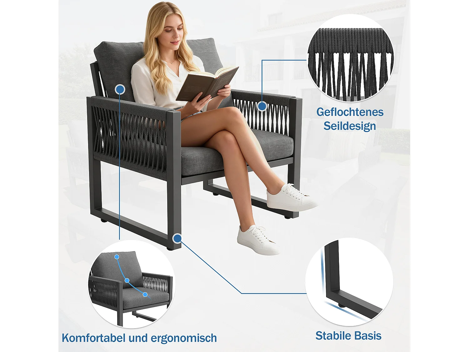 6-7-sits trädgårdsmöbelset - trädgårdssoffgrupp med bord + sitt- och ryggdynor - metall - grå