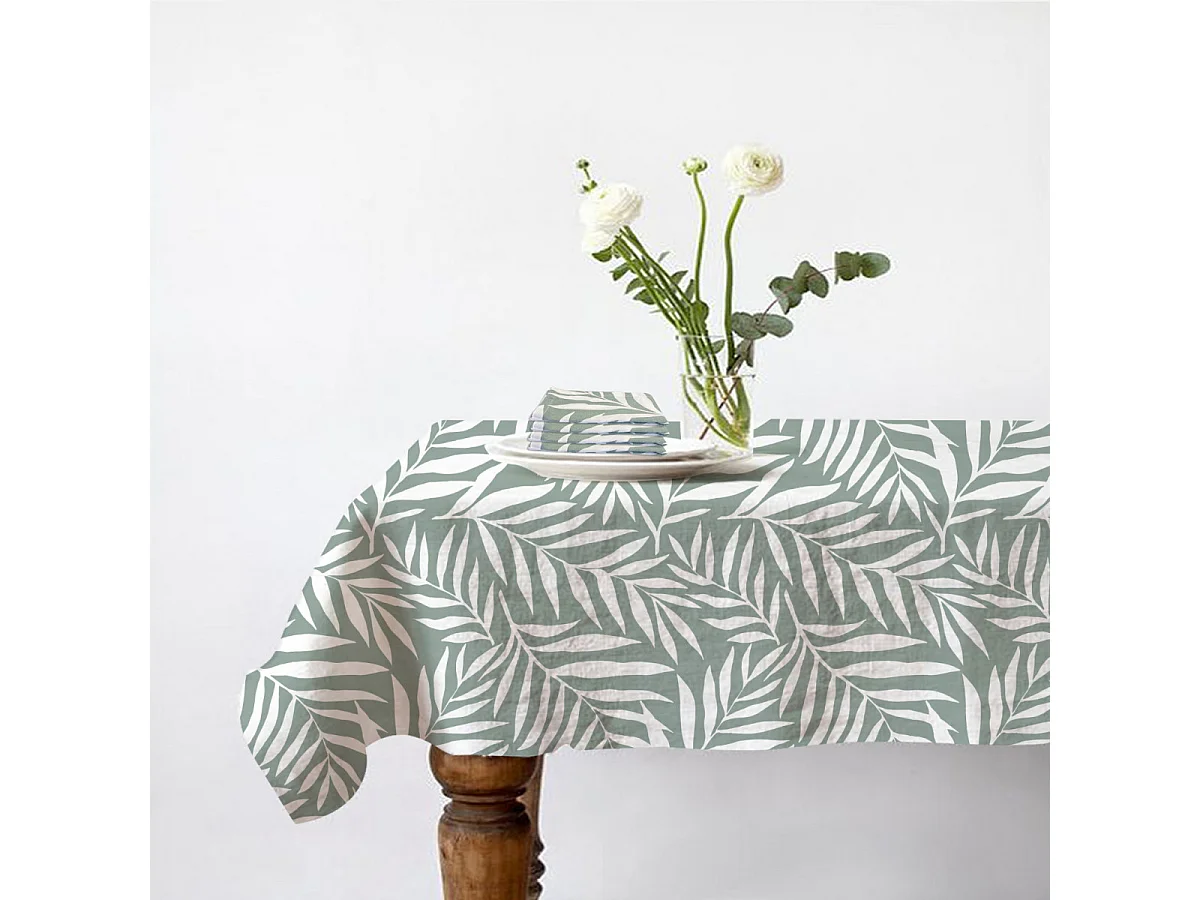 Lot nappe rectangle + 4 serviettes de table déperlante feuillage 140x240cm VERA