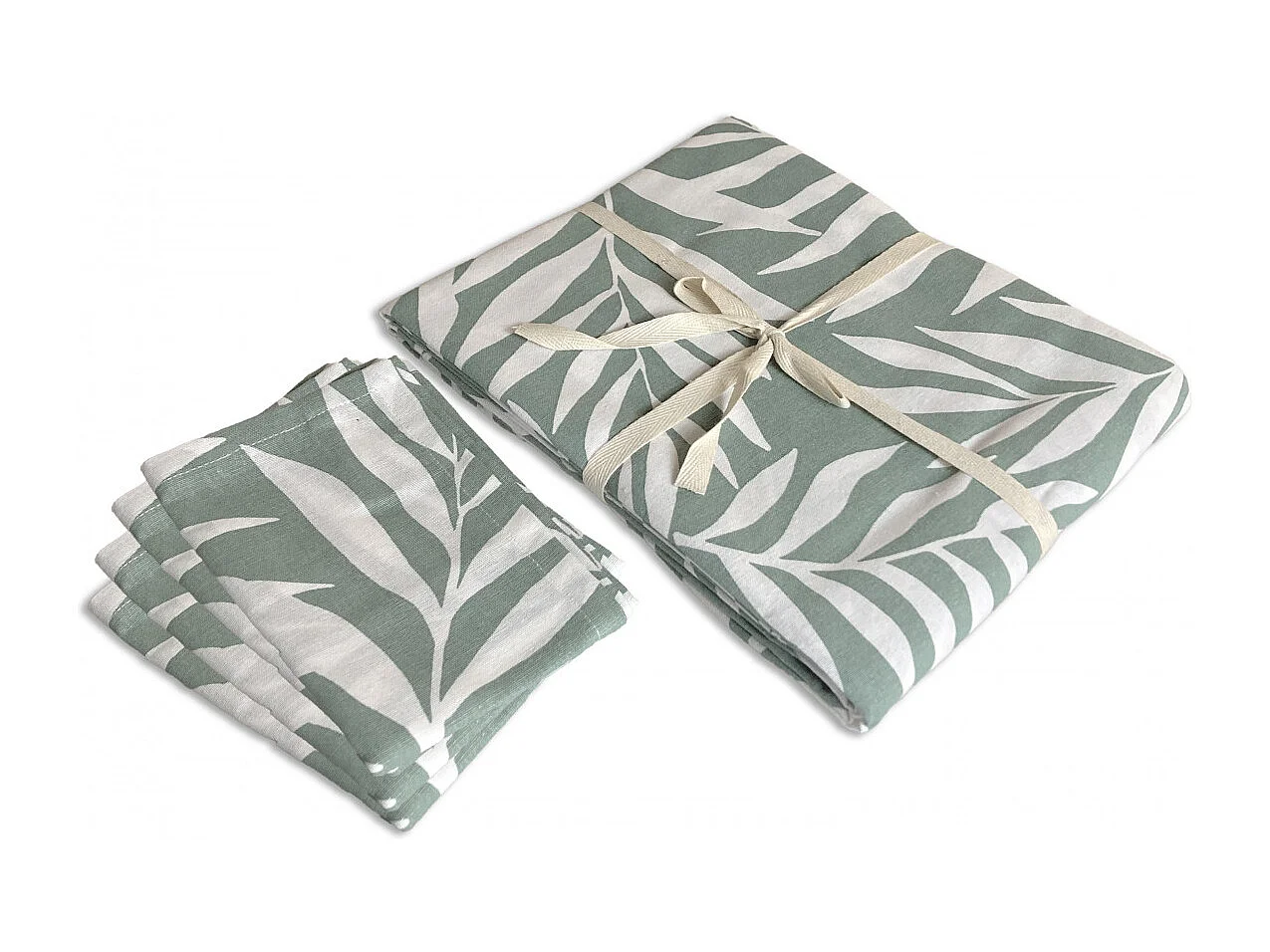 Lot nappe rectangle + 4 serviettes de table déperlante feuillage 140x240cm VERA