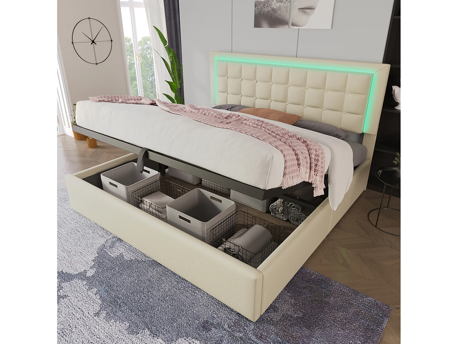 Gestoffeerd tweepersoonsbed met opbergruimte - 160 x 200 cm - met lattenbodem + LED-verlichting + hydraulische opbergruimte - PU - wit