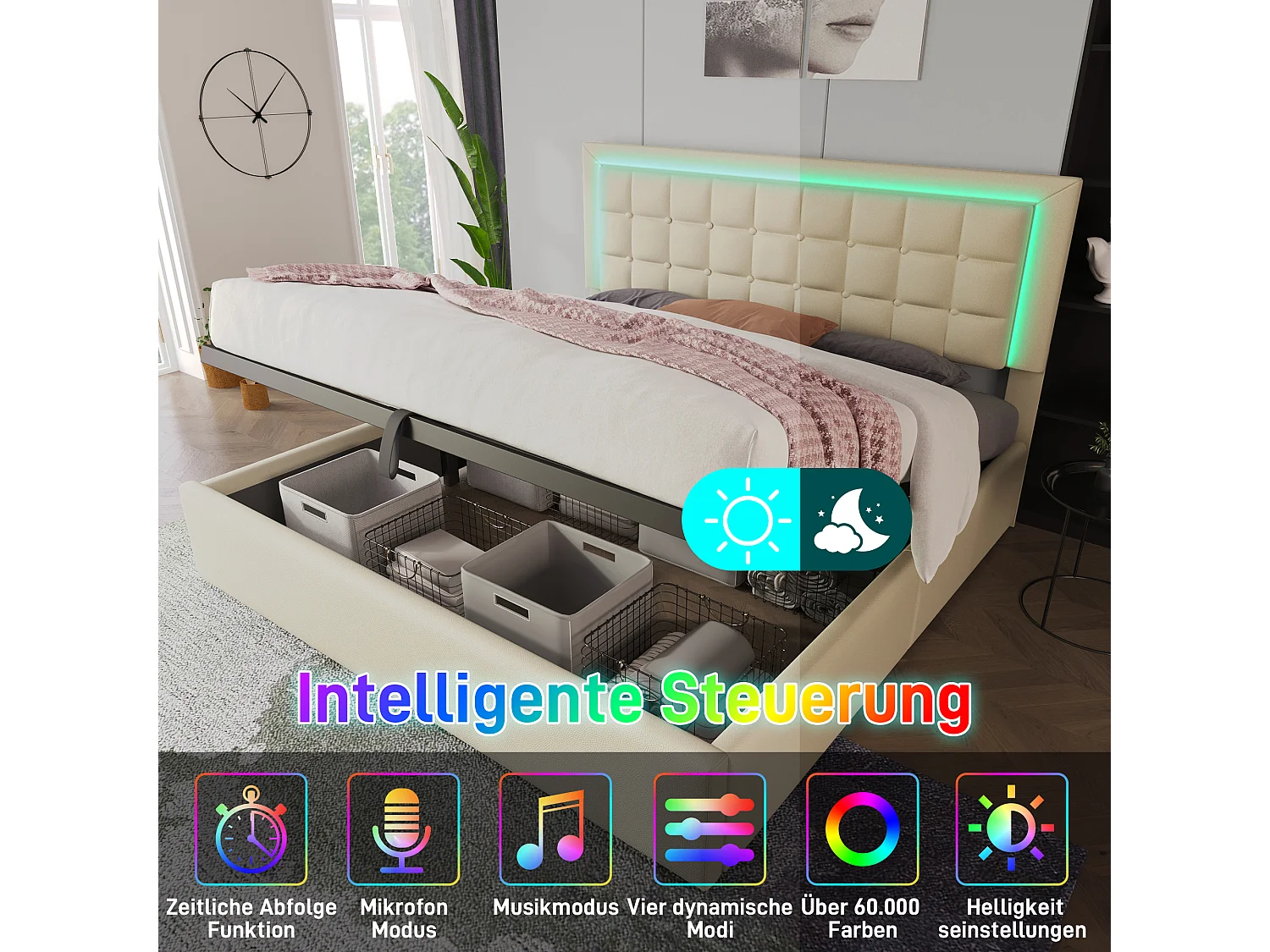 Gestoffeerd tweepersoonsbed met opbergruimte - 160 x 200 cm - met lattenbodem + LED-verlichting + hydraulische opbergruimte - PU - wit