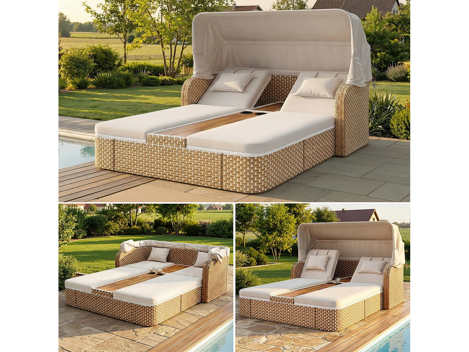 Bain de soleil de jardin avec parasol - fauteuil relaxant - Îlot de jardin en rotin avec auvent - métal - beige