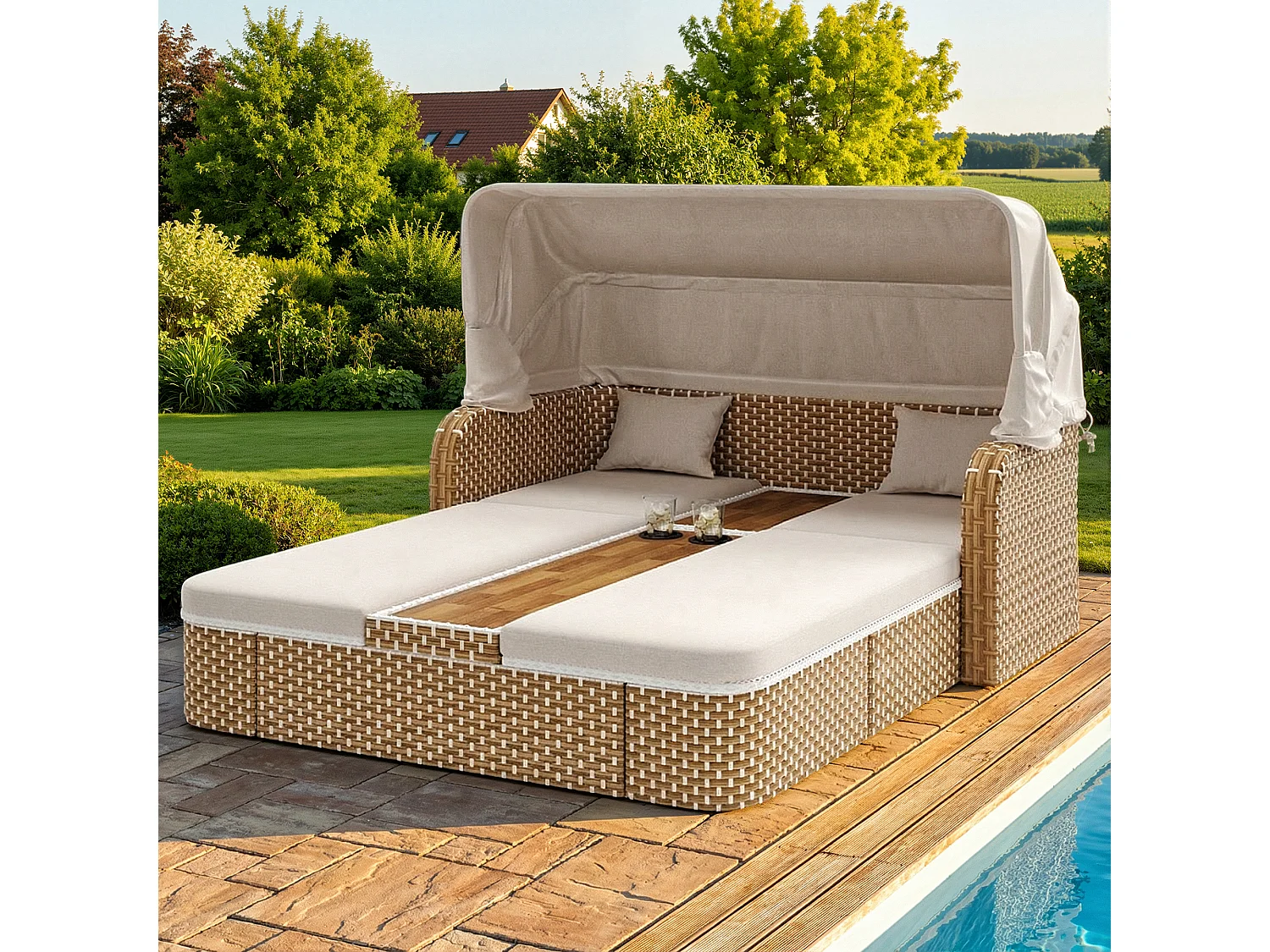 Bain de soleil de jardin avec parasol - fauteuil relaxant - Îlot de jardin en rotin avec auvent - métal - beige