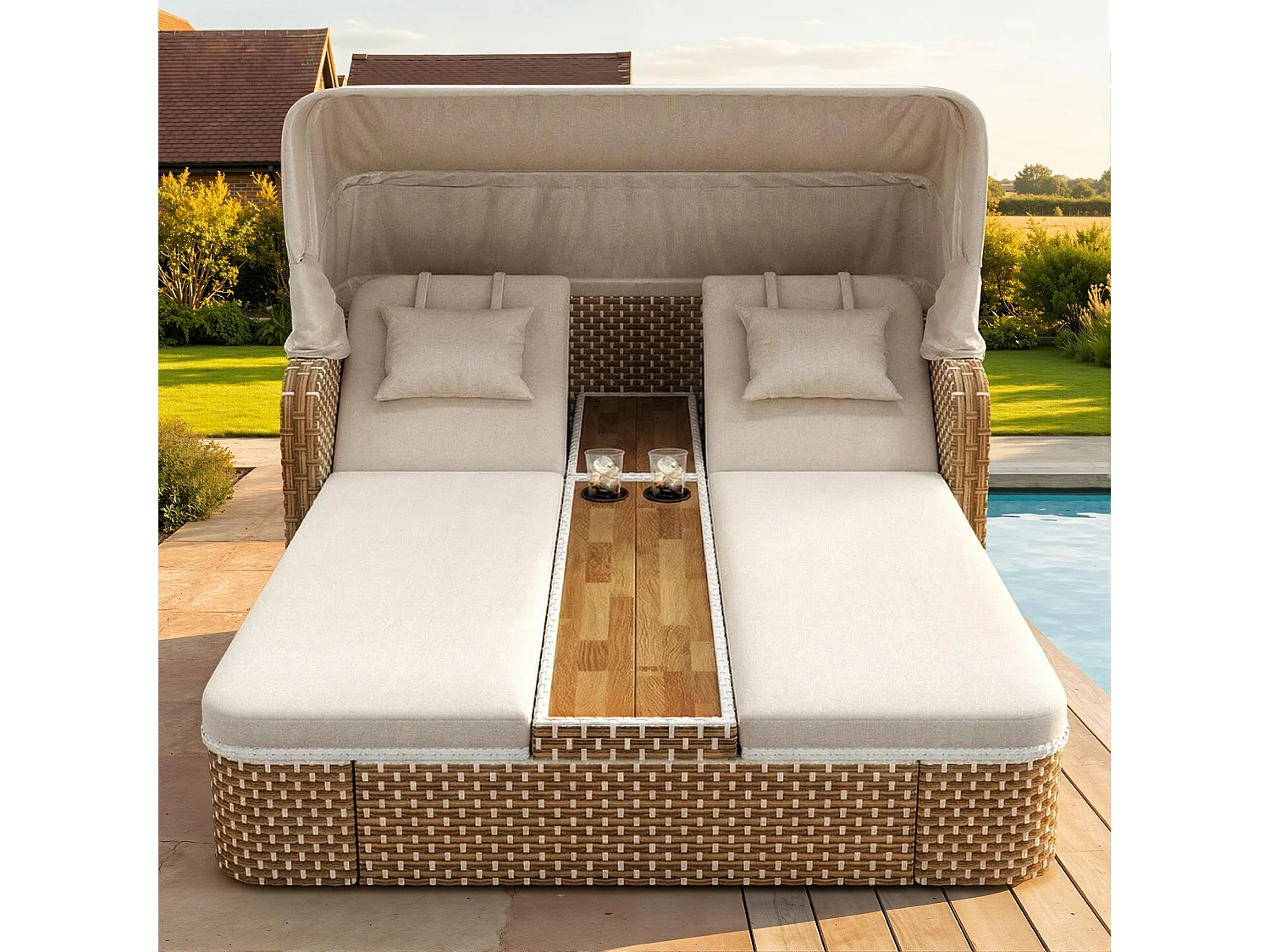 Bain de soleil de jardin avec parasol - fauteuil relaxant - Îlot de jardin en rotin avec auvent - métal - beige