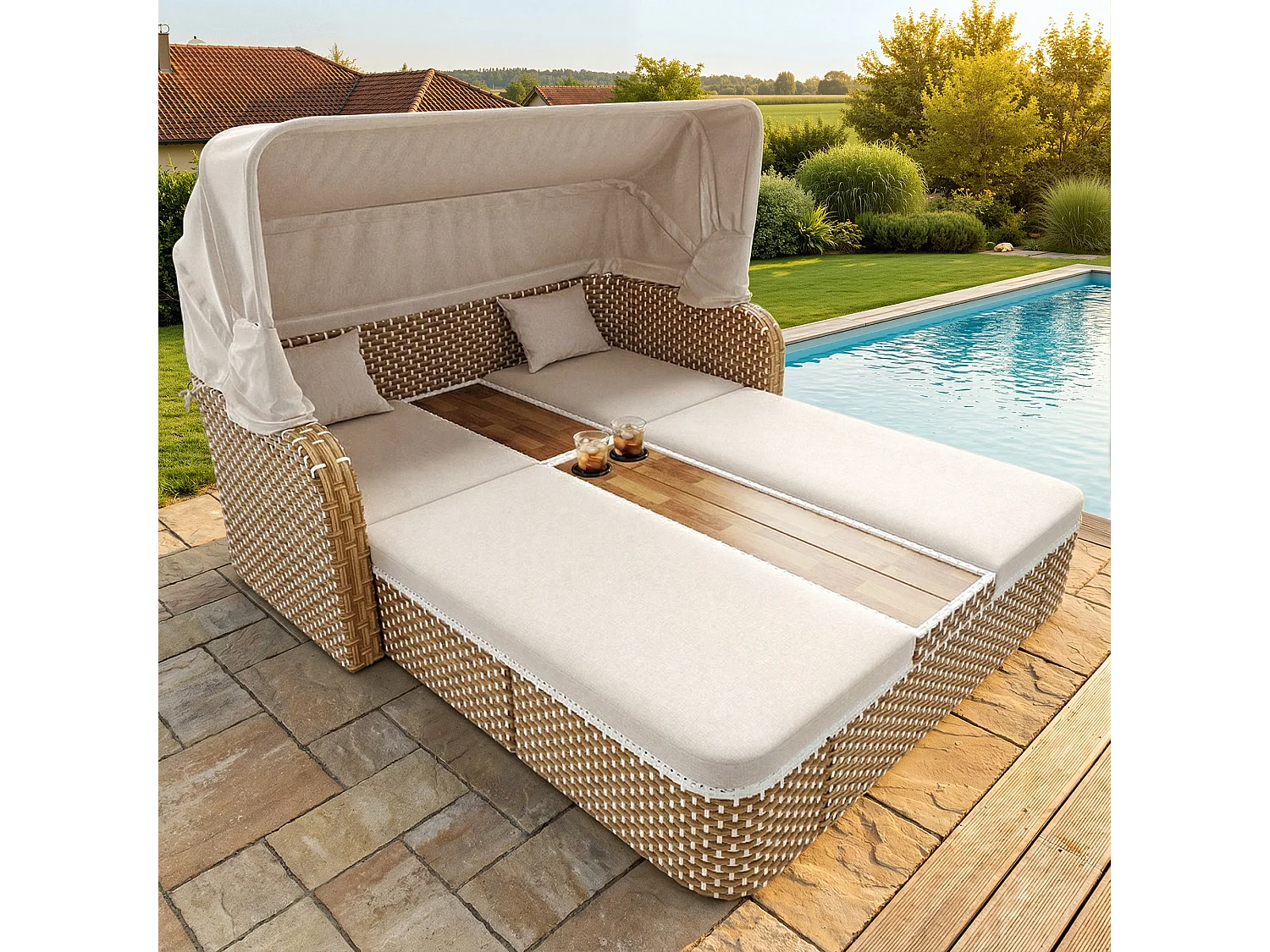 Bain de soleil de jardin avec parasol - fauteuil relaxant - Îlot de jardin en rotin avec auvent - métal - beige