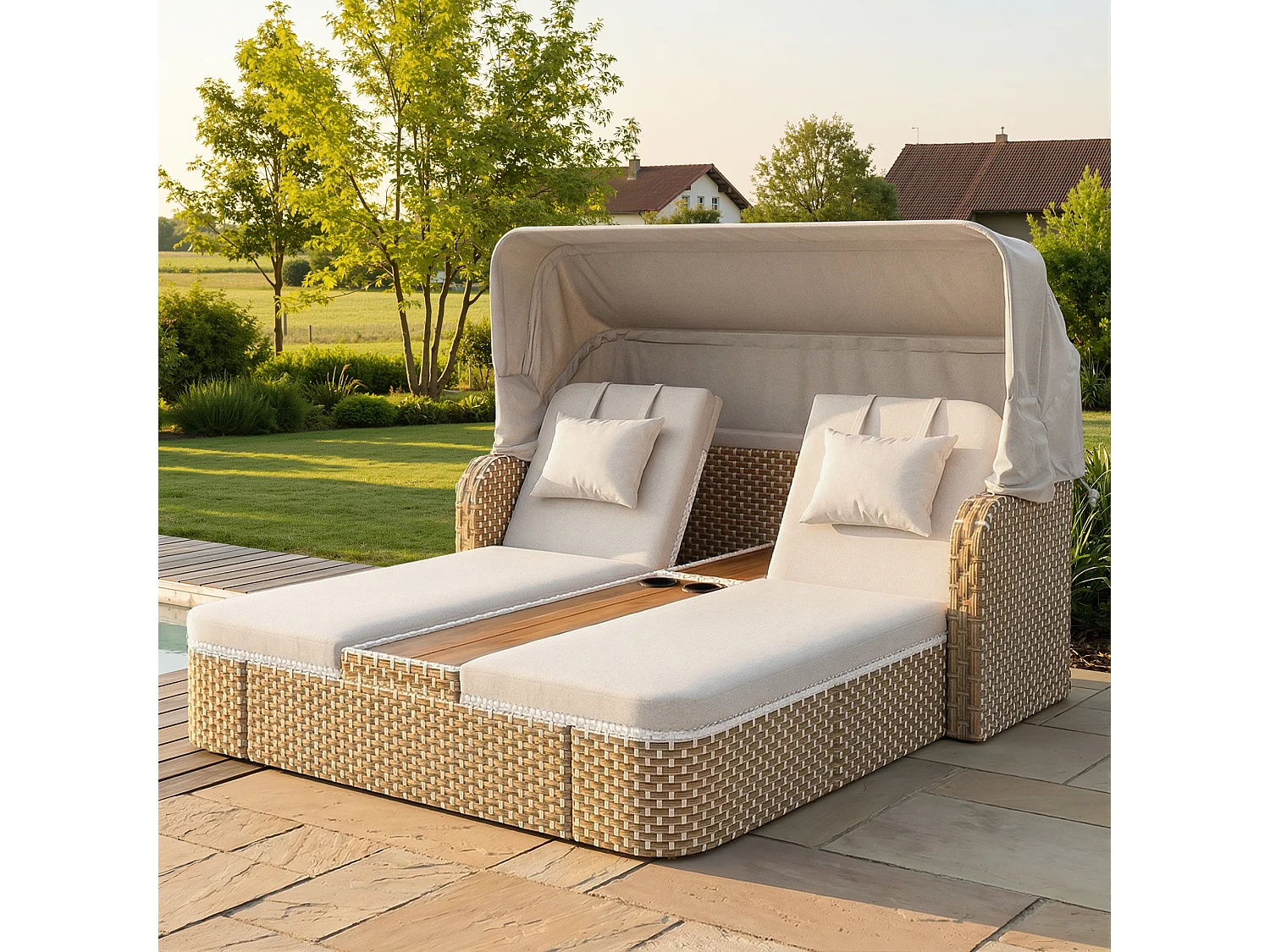 Bain de soleil de jardin avec parasol - fauteuil relaxant - Îlot de jardin en rotin avec auvent - métal - beige