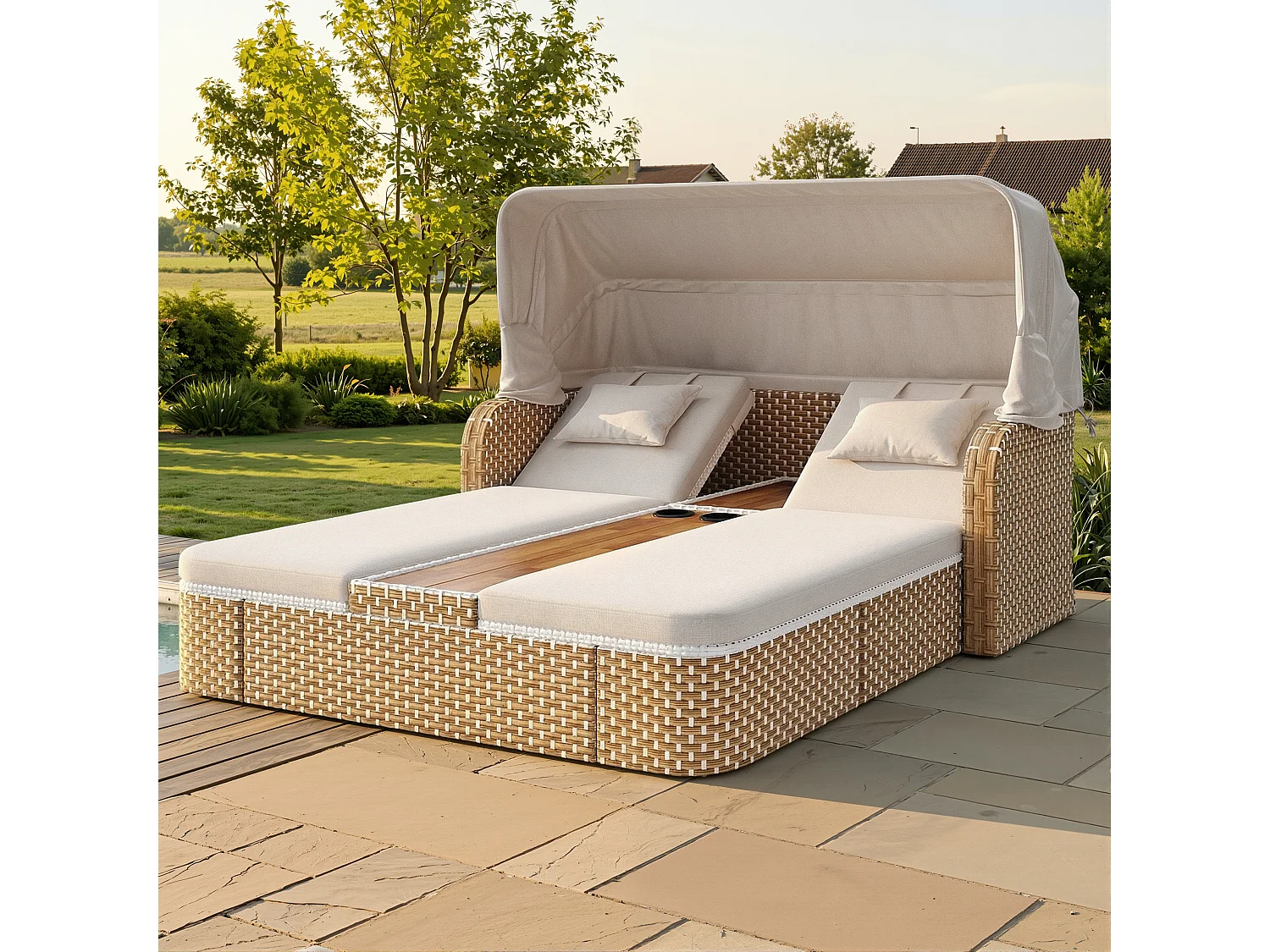 Bain de soleil de jardin avec parasol - fauteuil relaxant - Îlot de jardin en rotin avec auvent - métal - beige