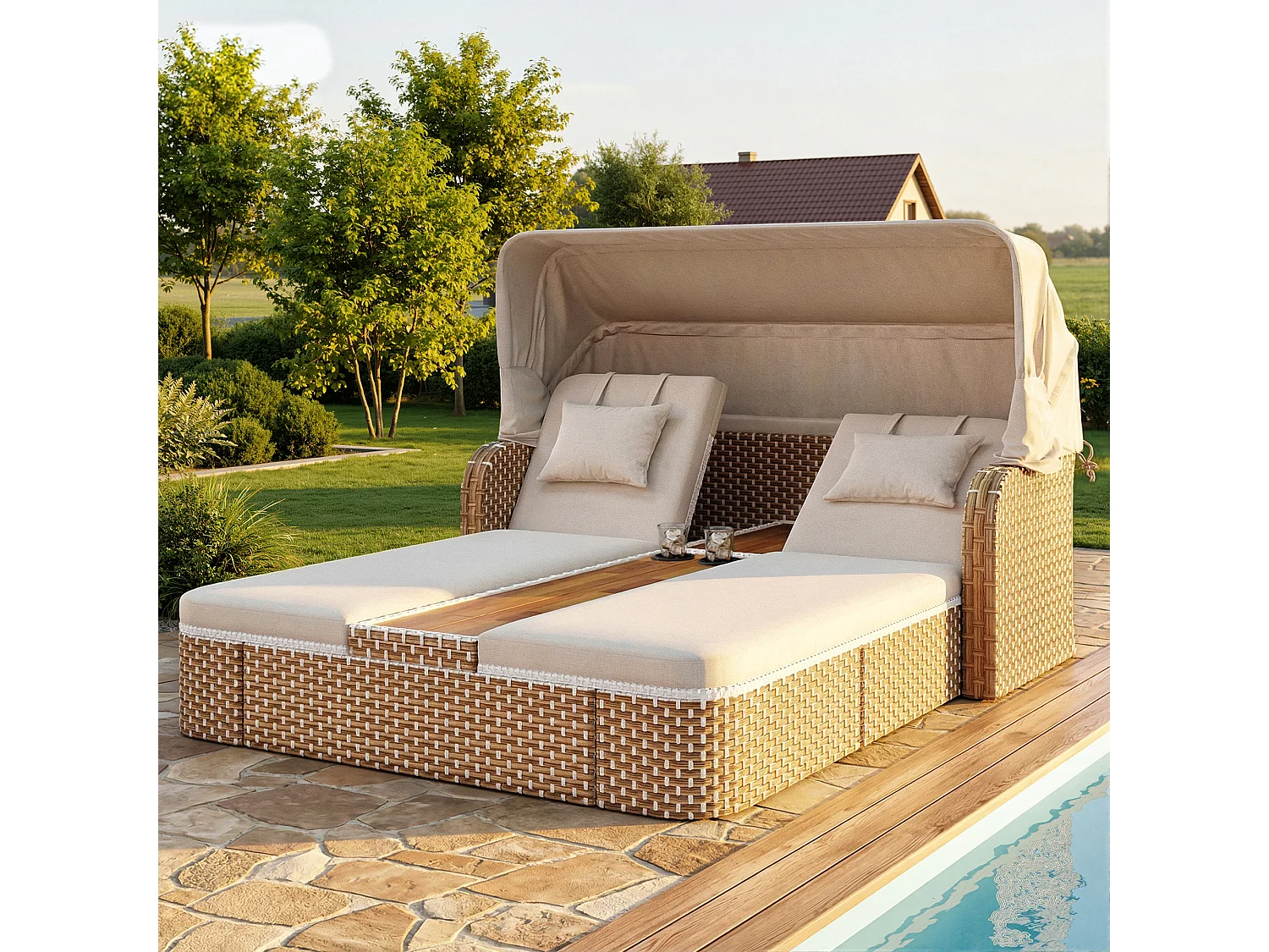 Bain de soleil de jardin avec parasol - fauteuil relaxant - Îlot de jardin en rotin avec auvent - métal - beige