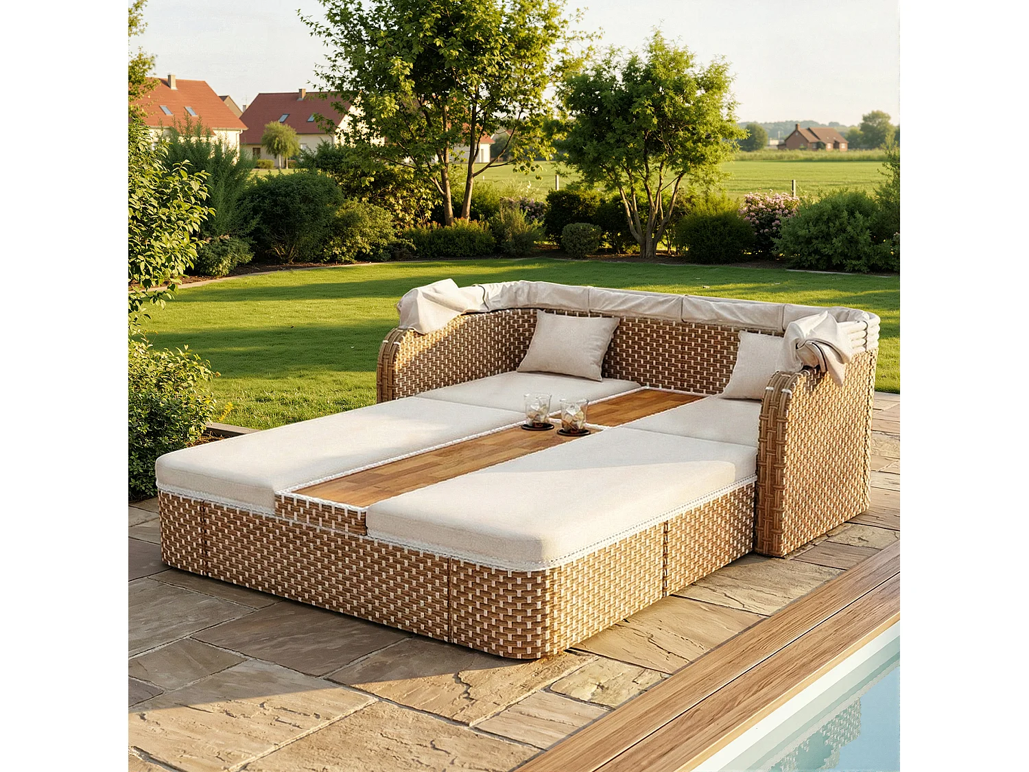 Bain de soleil de jardin avec parasol - fauteuil relaxant - Îlot de jardin en rotin avec auvent - métal - beige