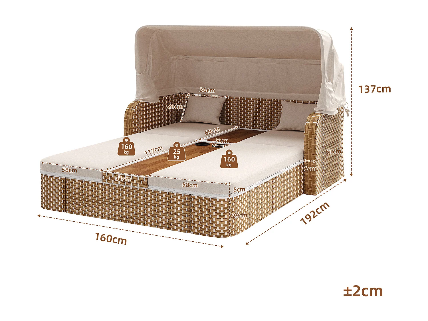 Bain de soleil de jardin avec parasol - fauteuil relaxant - Îlot de jardin en rotin avec auvent - métal - beige