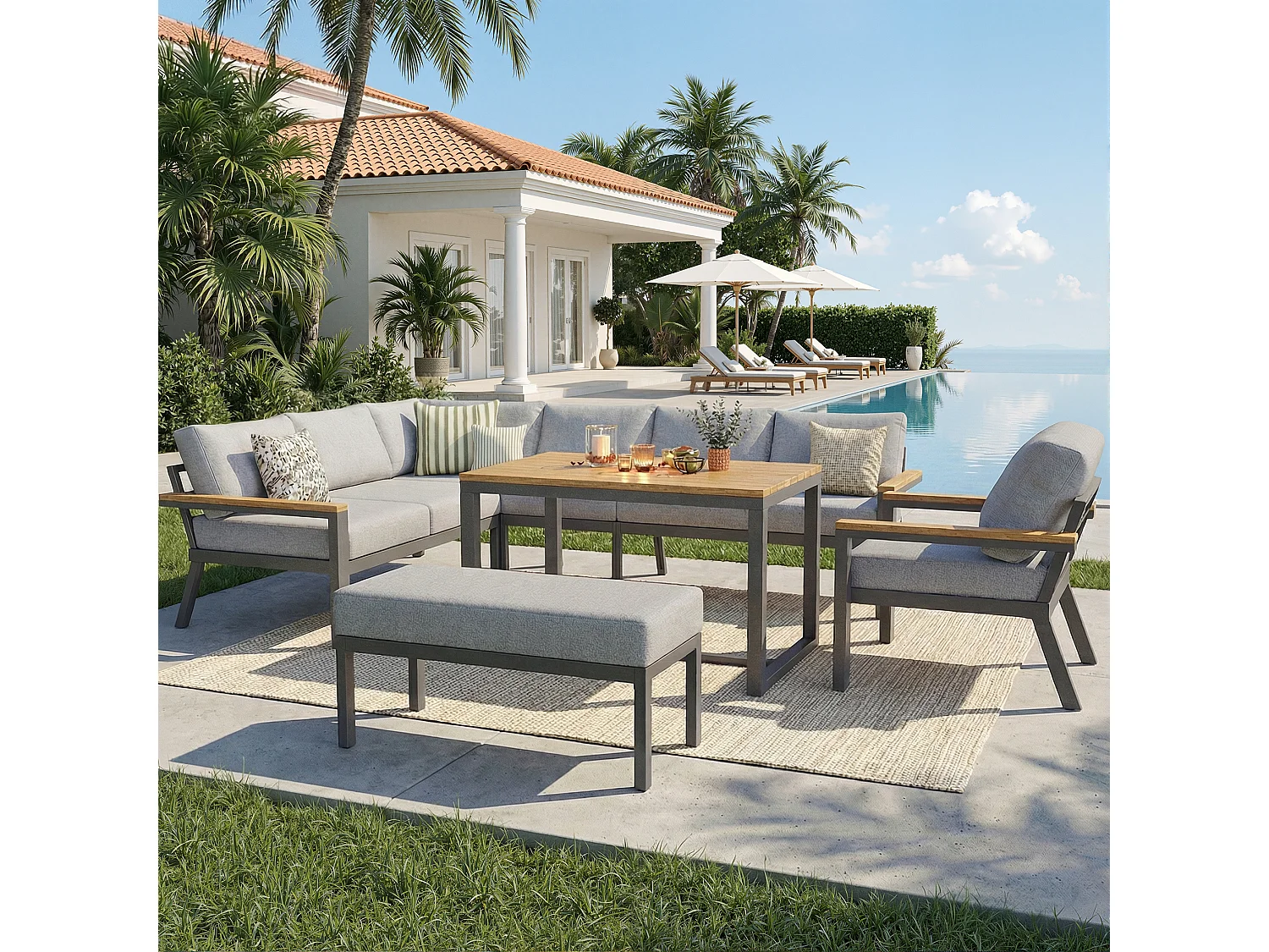 Ensemble salon de jardin pour 8 personnes - avec table + fauteuil + banc + canapés + coussins - métal - gris