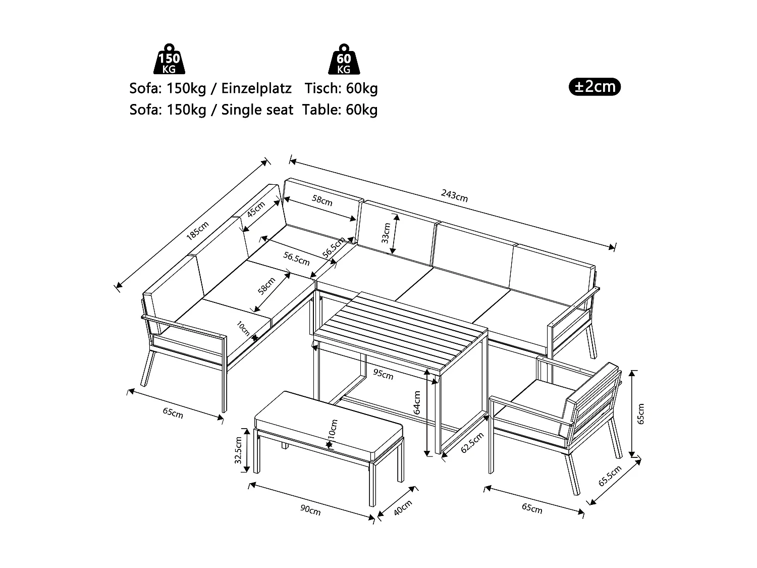 Ensemble salon de jardin pour 8 personnes - avec table + fauteuil + banc + canapés + coussins - métal - gris