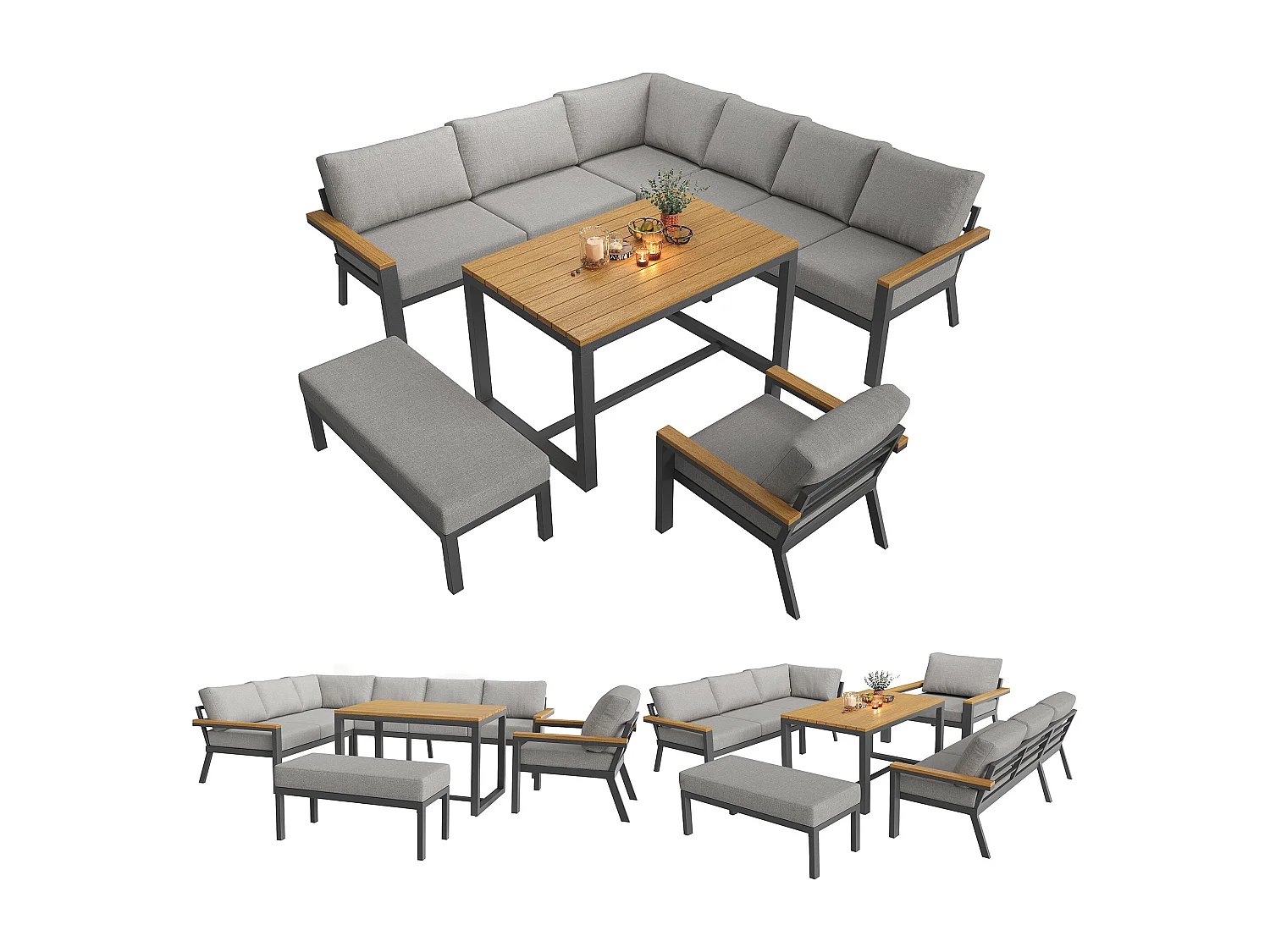 Ensemble salon de jardin pour 8 personnes - avec table + fauteuil + banc + canapés + coussins - métal - gris