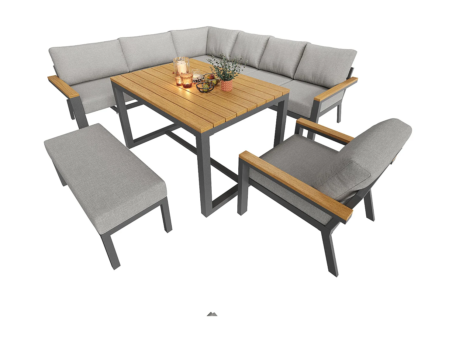 Ensemble salon de jardin pour 8 personnes - avec table + fauteuil + banc + canapés + coussins - métal - gris