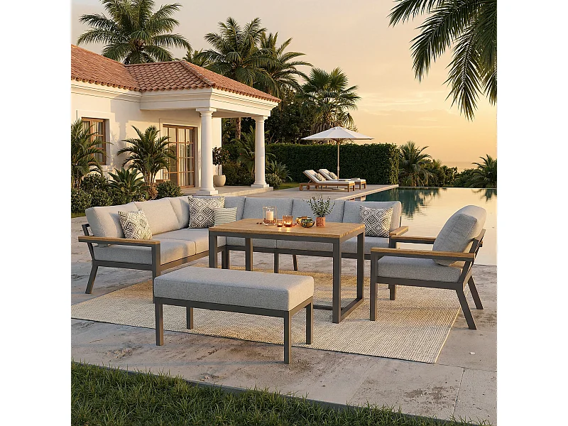 Ensemble salon de jardin pour 8 personnes - avec table + fauteuil + banc + canapés + coussins - métal - gris