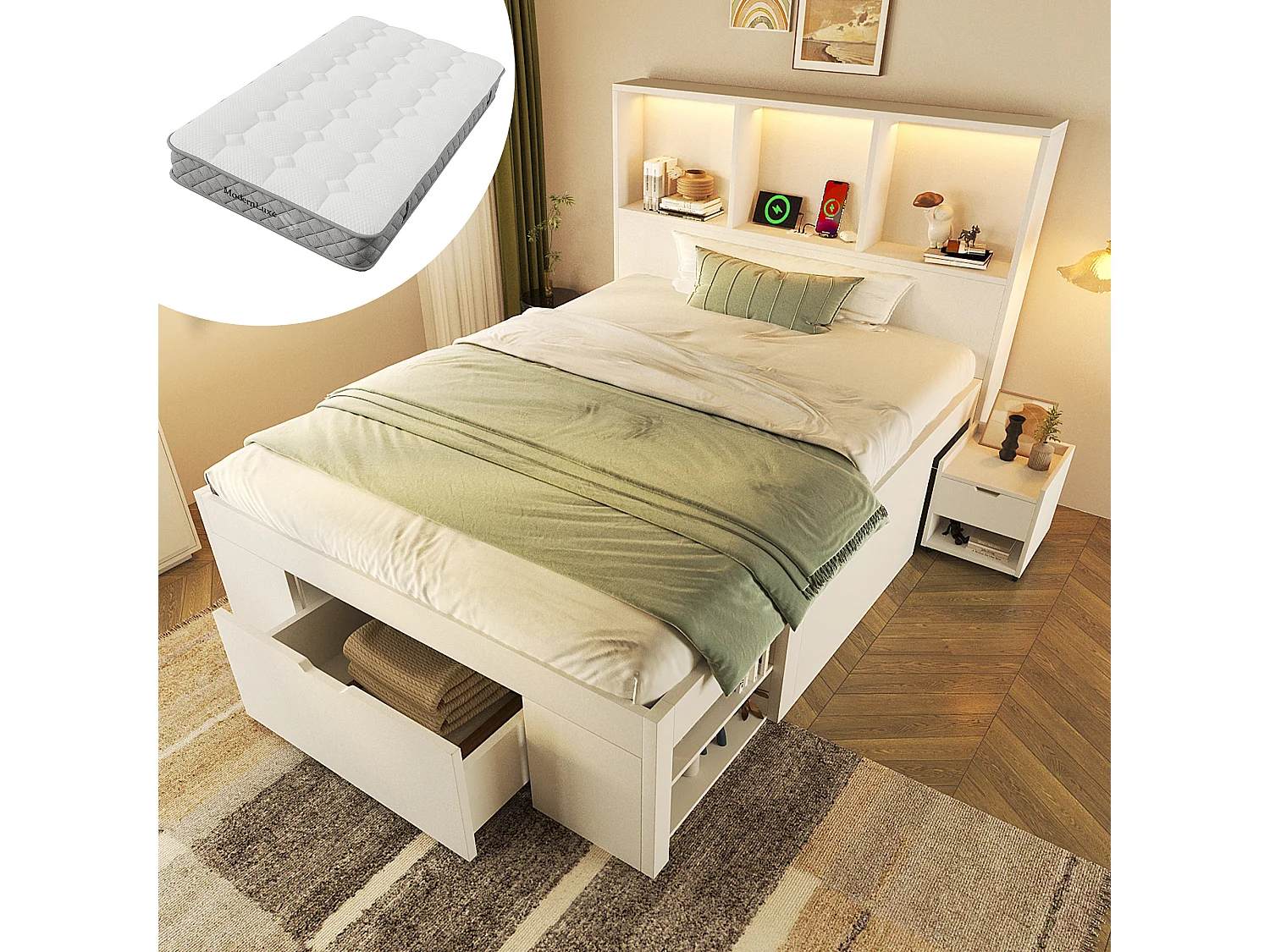 Einzelbett aus Holz mit Stauraum - 90 x 200 cm - mit abnehmbarem Nachttisch + LEDs + USB + Schubladen + Regalen - weiß (Matratze inklusive)