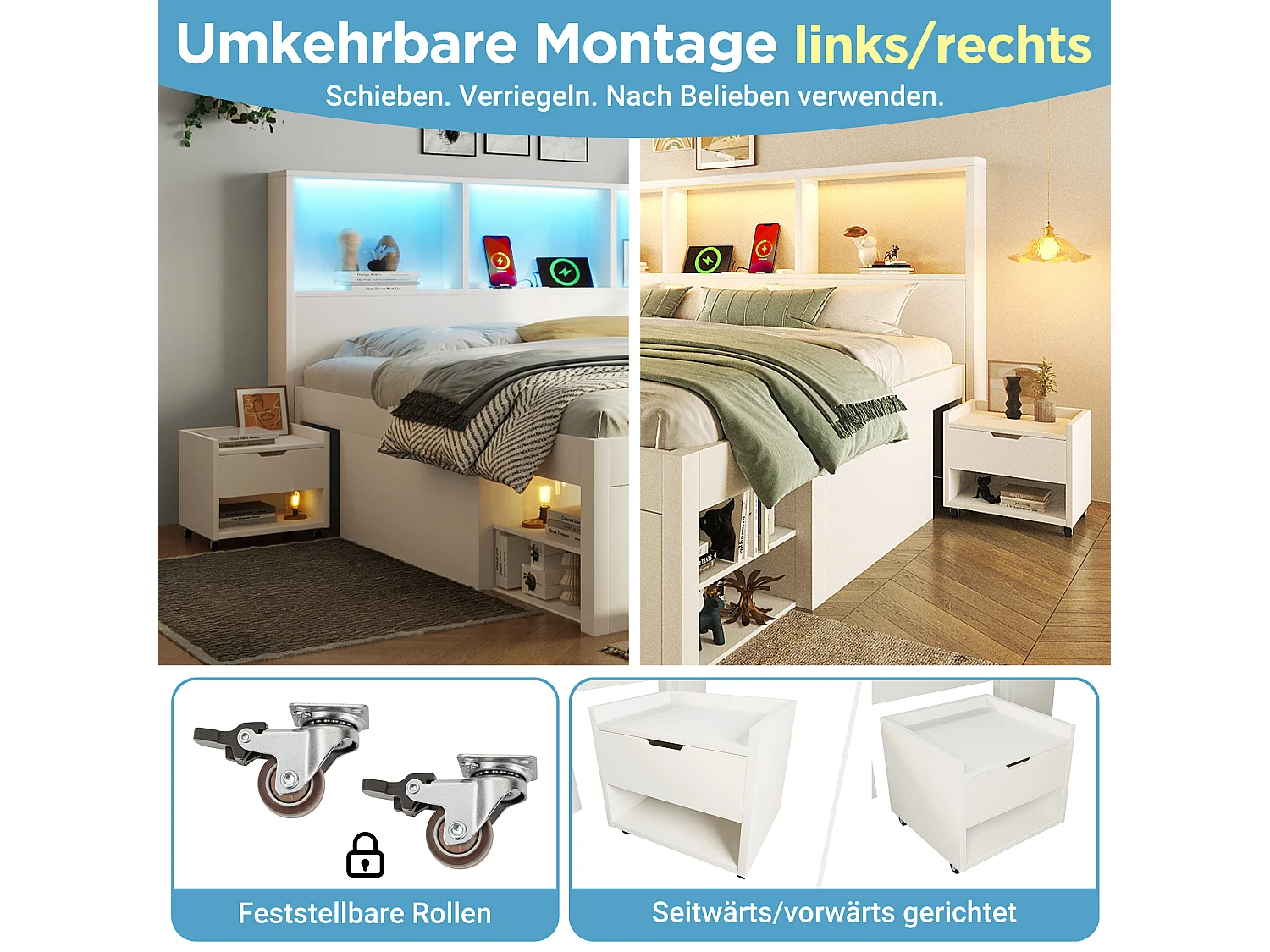 Einzelbett aus Holz mit Stauraum - 90 x 200 cm - mit abnehmbarem Nachttisch + LEDs + USB + Schubladen + Regalen - weiß (Matratze inklusive)