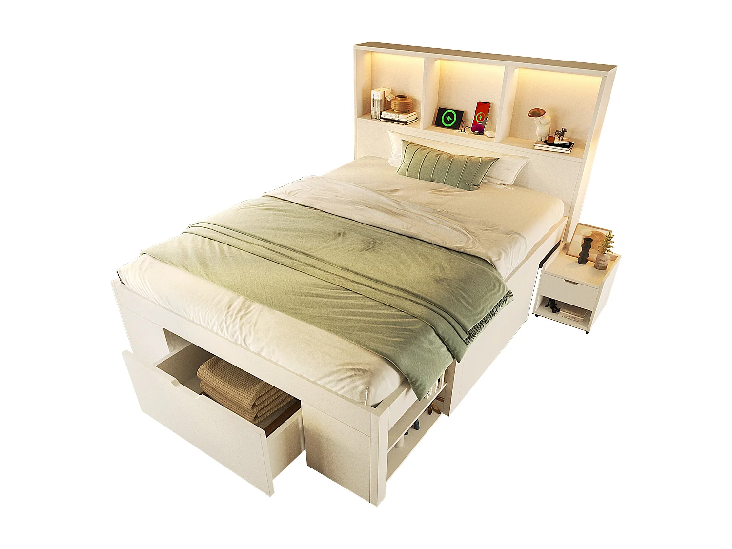 Einzelbett aus Holz mit Stauraum - 90 x 200 cm - mit abnehmbarem Nachttisch + LEDs + USB + Schubladen + Regalen - weiß (Matratze inklusive)